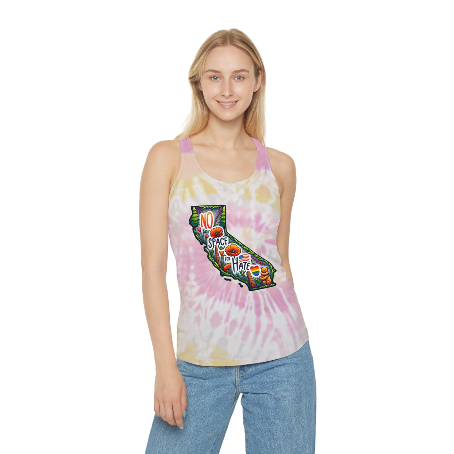 California Tie Dye Racerback Tank Top - "No Space for Hate"