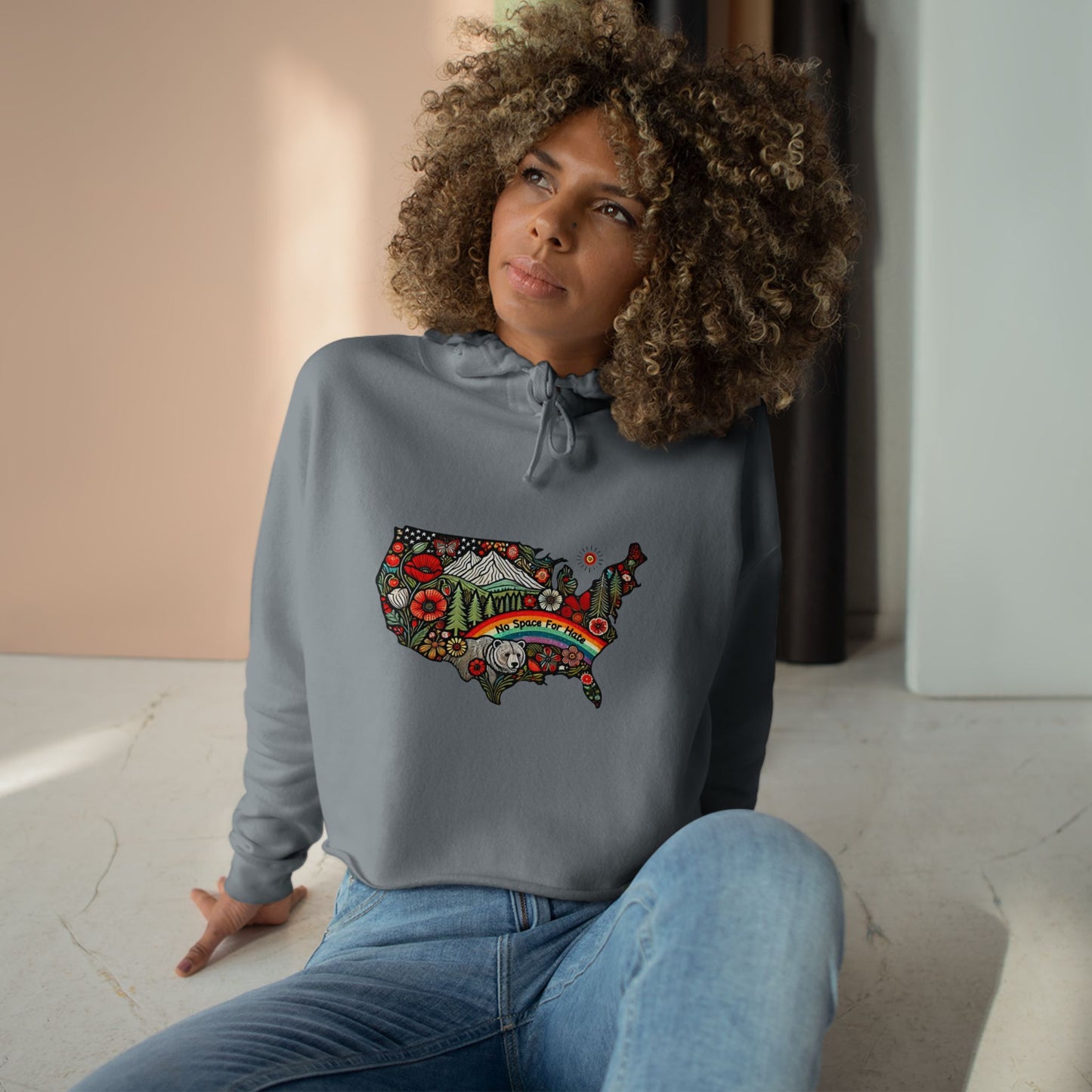 Vibrant USA No Space for Hate Graphic Crop Hoodie -
