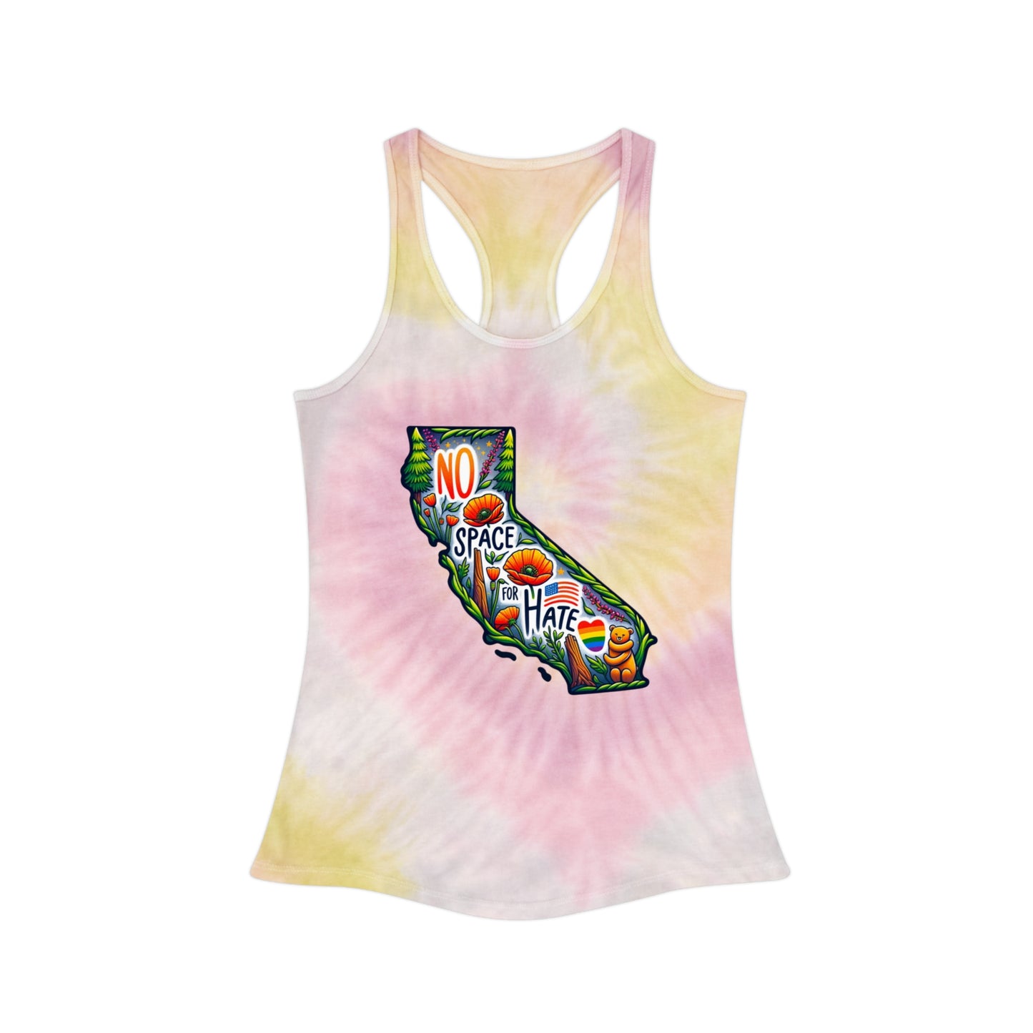California Tie Dye Racerback Tank Top - "No Space for Hate"