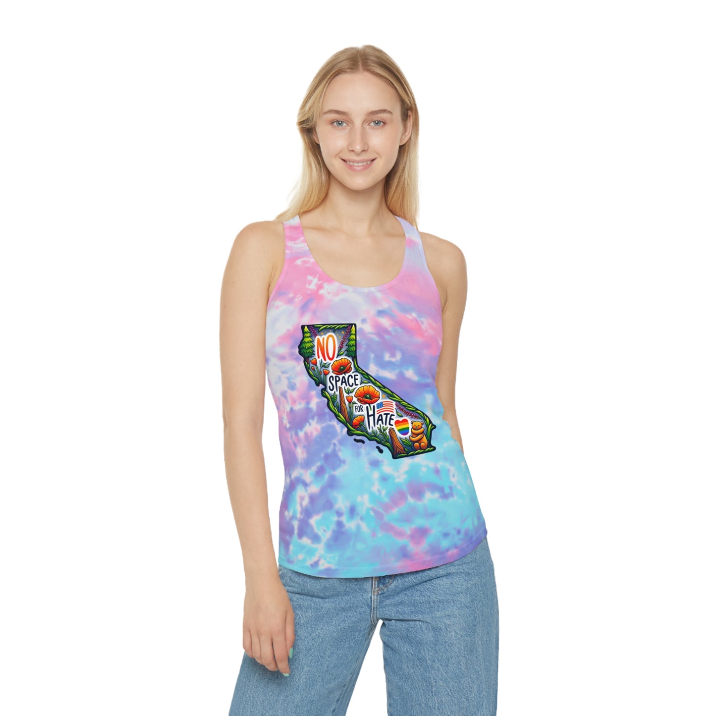 California Tie Dye Racerback Tank Top - "No Space for Hate"