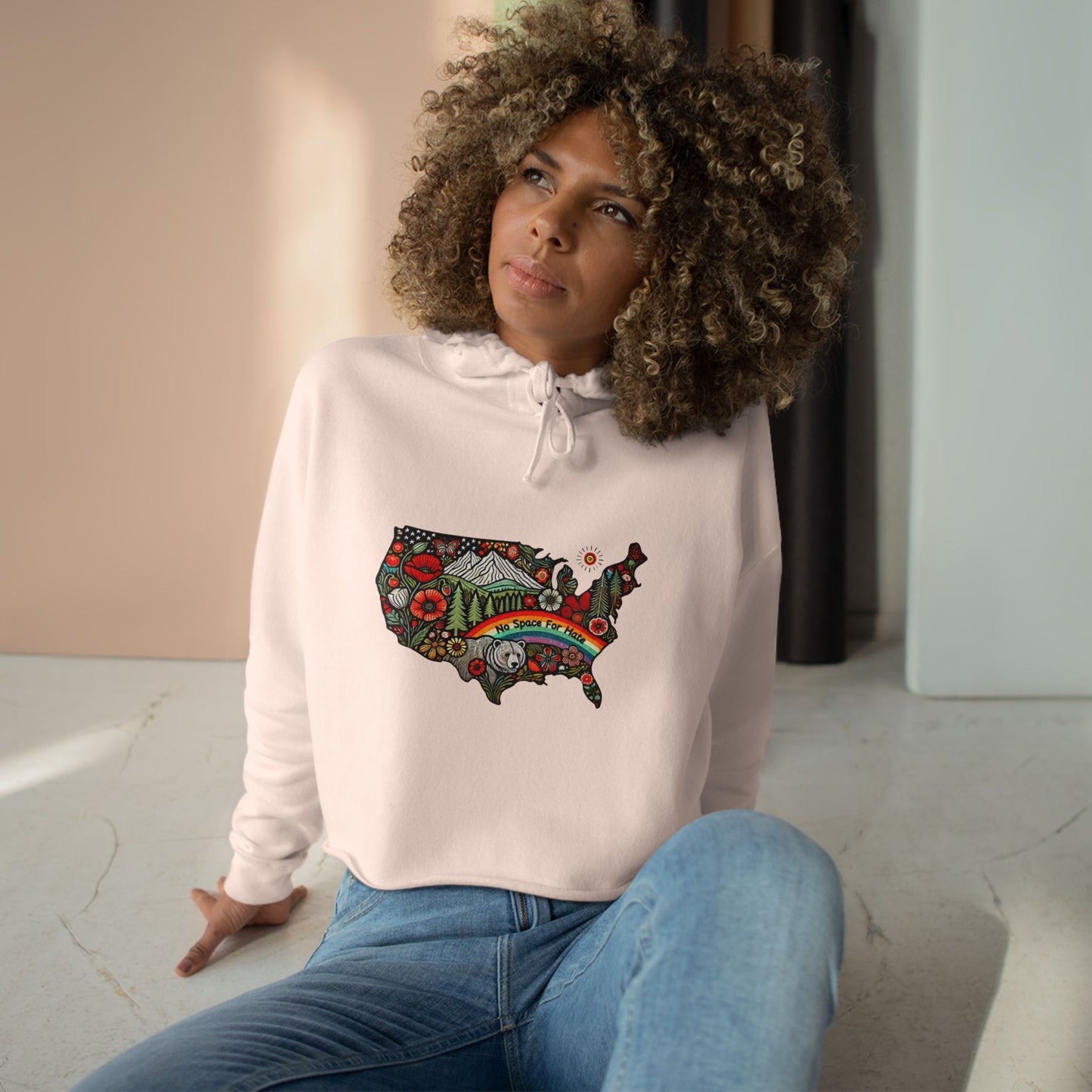 Vibrant USA No Space for Hate Graphic Crop Hoodie -