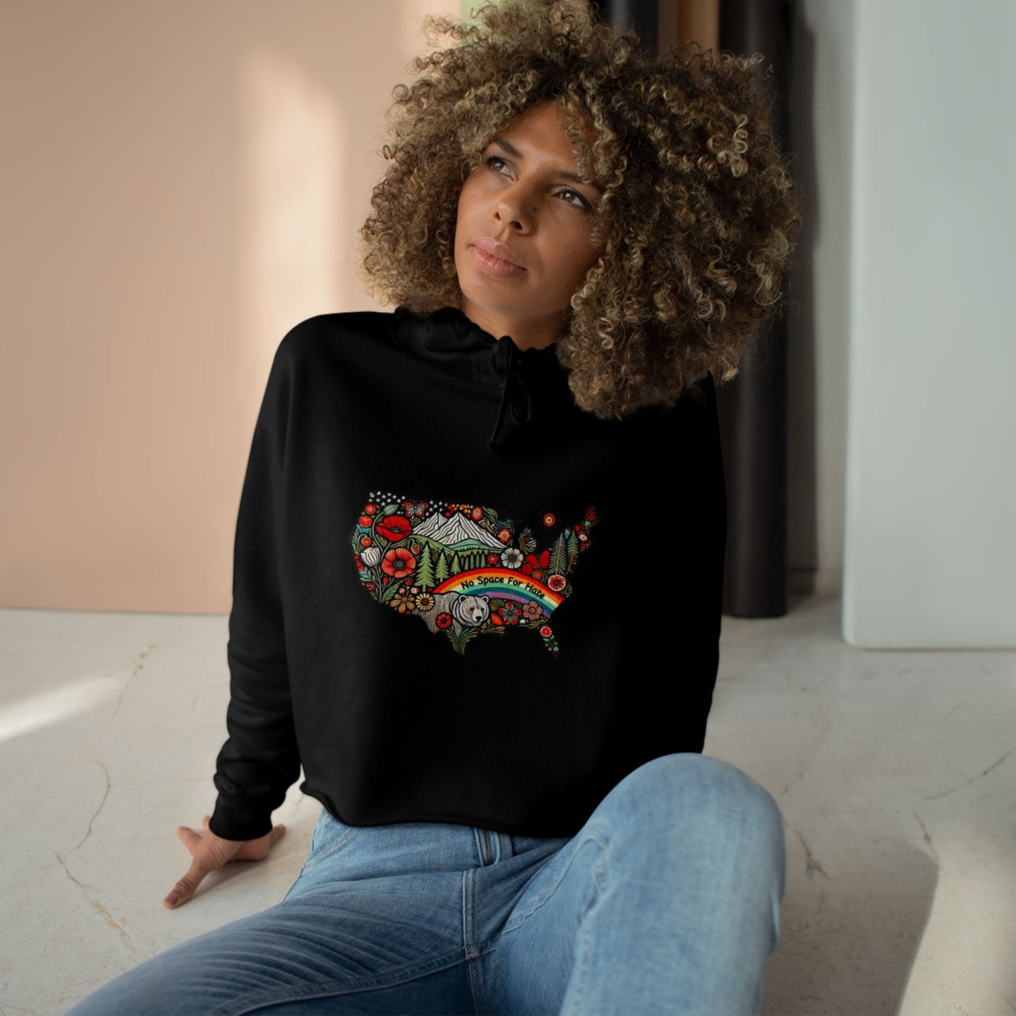 Vibrant USA No Space for Hate Graphic Crop Hoodie -
