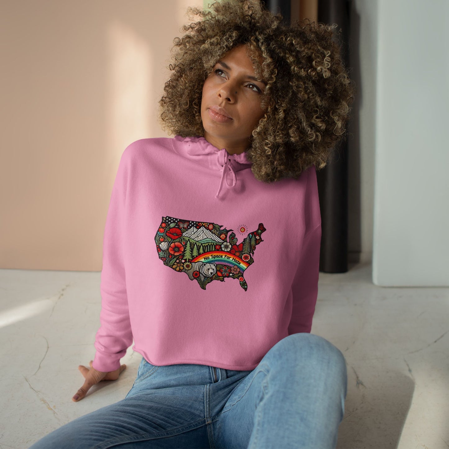 Vibrant USA No Space for Hate Graphic Crop Hoodie -